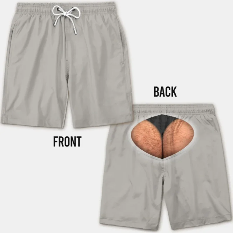 Funny Optical Illusion Men Beach Shorts Full Leopard Print Fake White Brief Rear‑View Visual Prank Swim Board Shorts