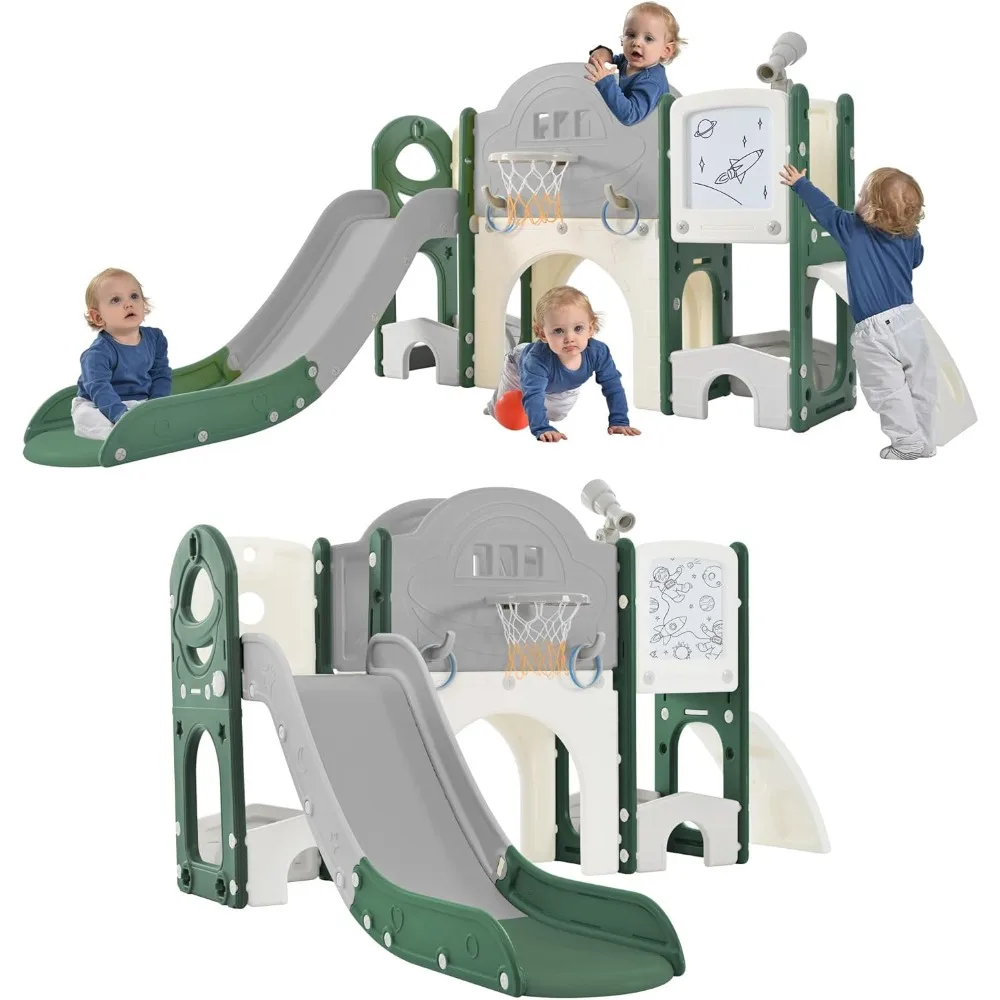 9 in 1 Toddler Slide Playset, Climbing Toys Indoor Outdoor for Toddlers 1-3, Kid Slide with Ring Toss, Basketball Hoop & Telesco