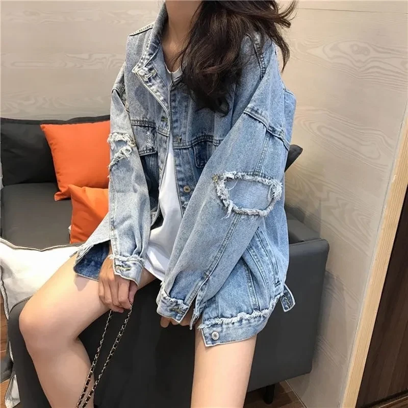 

Broken Denim Jacket Women spring Autumn 2023 New Loose Vintage Jeans jackets Fashionable Casual Overcoat Womens Top