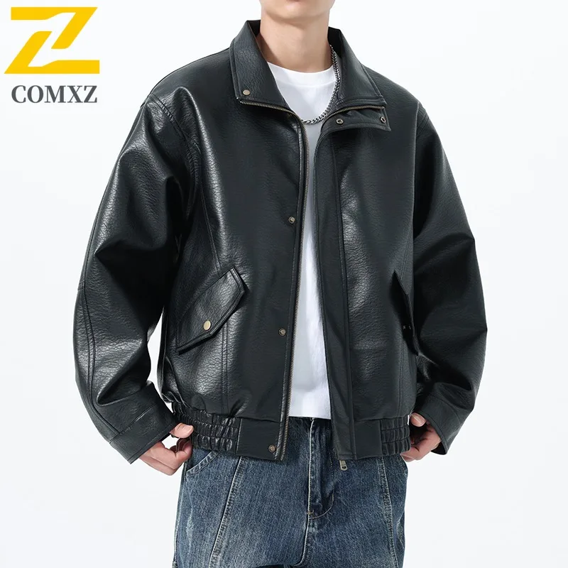 

COMXZ 2025/мужская винтажная байкерская ветровка в американском стиле, водонепроницаемая ветрозащитная куртка из искусственной кожи, мотоциклетная спортивная верхняя одежда в стиле ретро