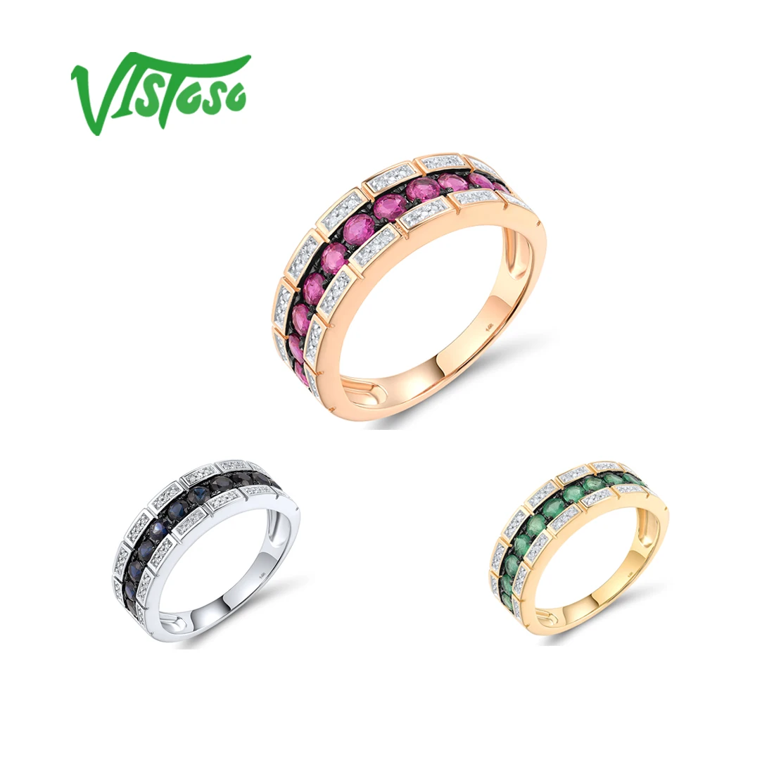 

VISTOSO Real 14K 585 Rose White Yellow Gold Rings For Women Sparkling Emerald Ruby Sapphire Diamonds Wedding Gift Fine Jewelry