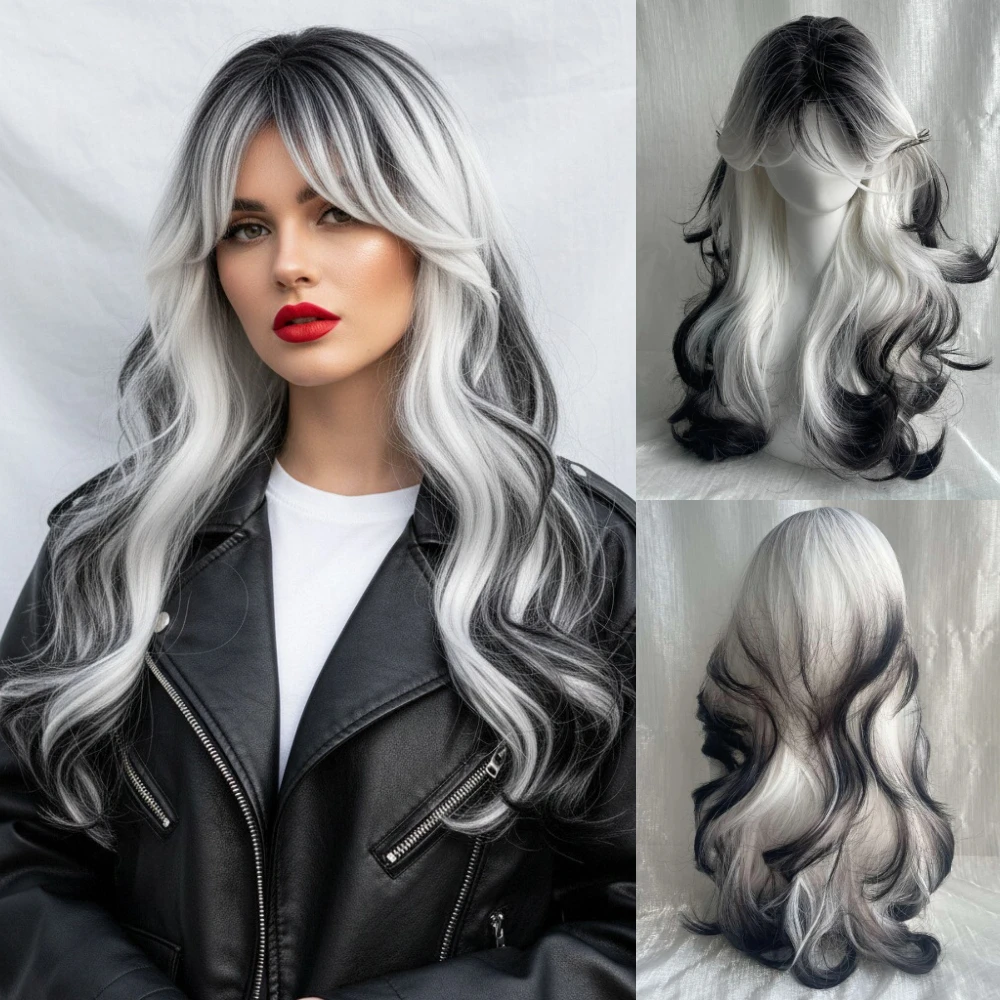 

Long Gray Ombre Black Wavy Wig With Bang Synthetic Heat Resistant for Women Daily Halloween Cosplay Wear