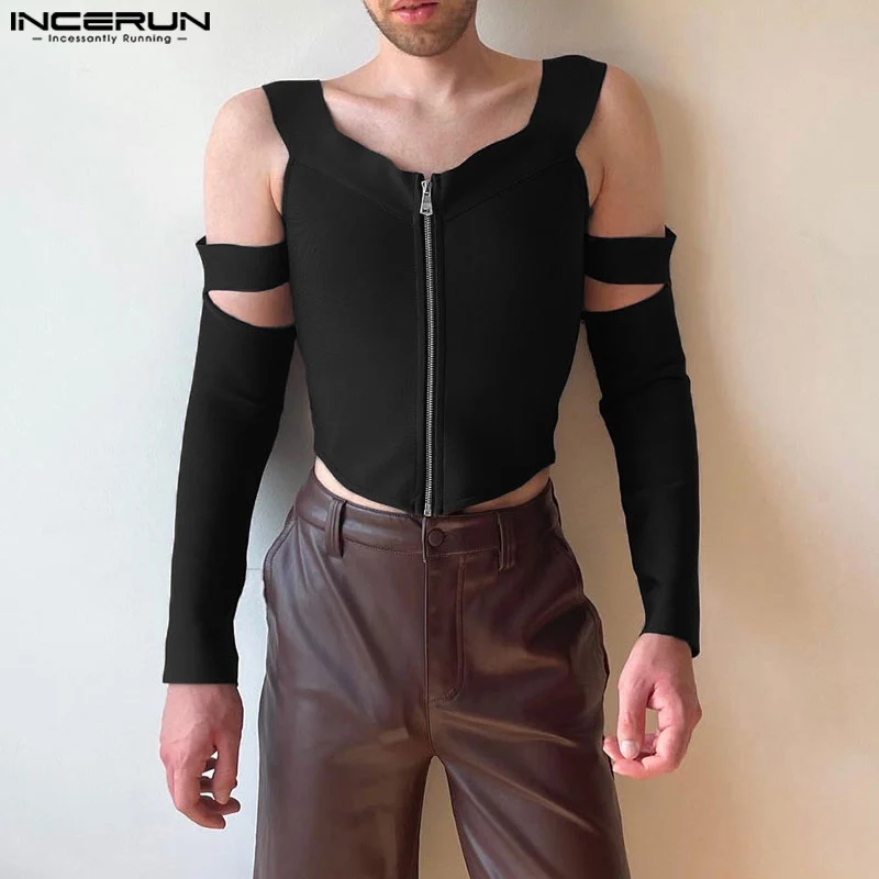 INCERUN Men T Shirt Solid V Neck Long Sleeve Zipper Off Shoulder Men Clothing Streetwear Hollow Out Fashion Unisex Crop Tops