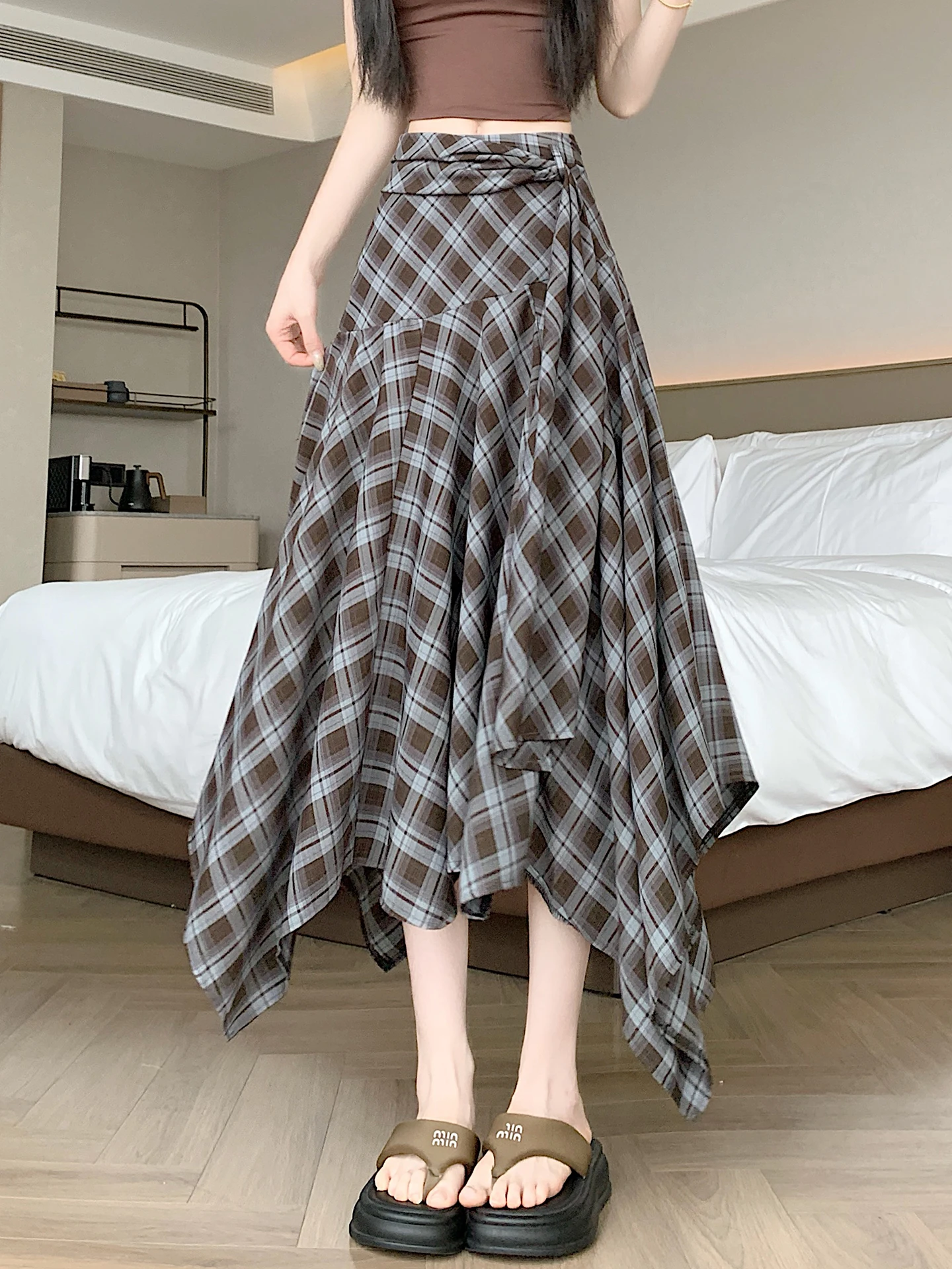 

Summer Half Skirt Women's Plaid Drapey Unregular Belted A-Line Skirt Korean Style High Waist Non-Stretch Fabric Casual Wear