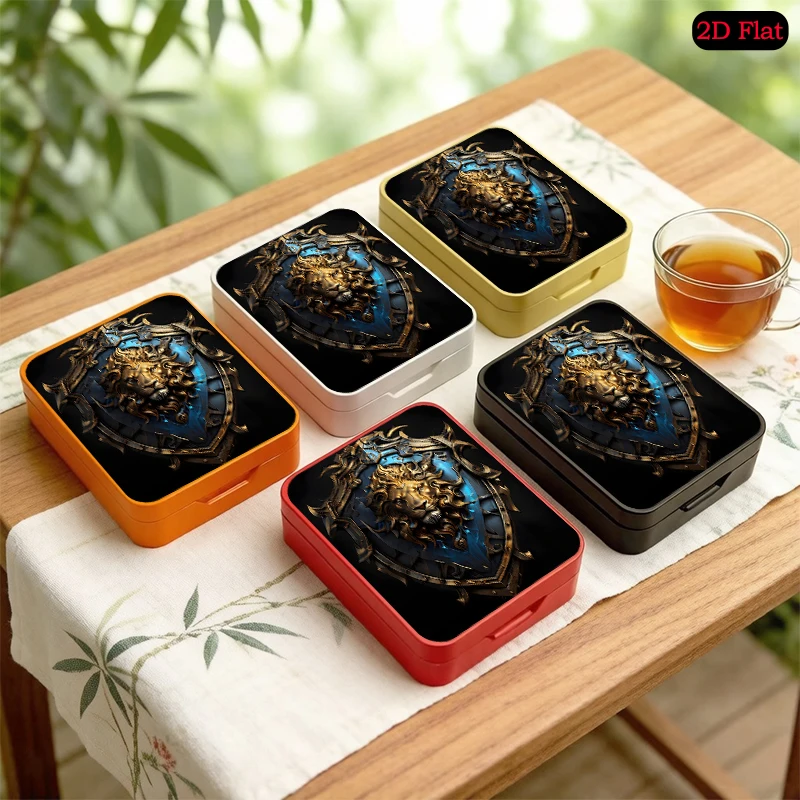 Ornate Golden Lion Shield Emblem Theme Flip Top Square Tin Box with UV Embossed Pattern, Personalized Print Available