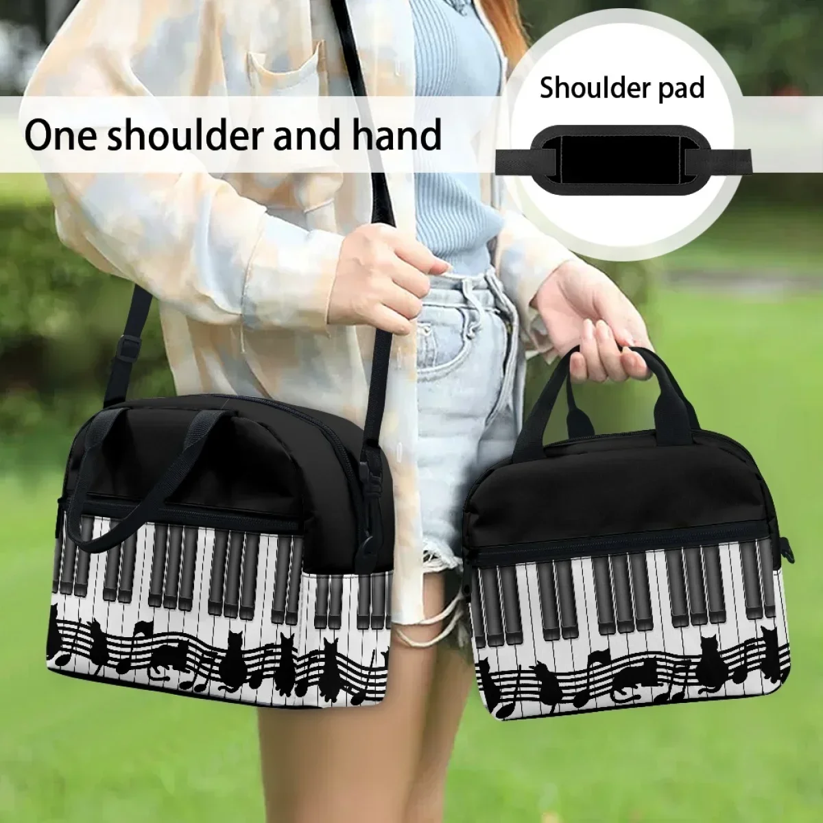 

FORUDESIGNS Piano Keys Musical Notes Leakproof Cooler Ladies Utility Zipper Insulated Lunch Bag Lightweight and stylish Lunchbox