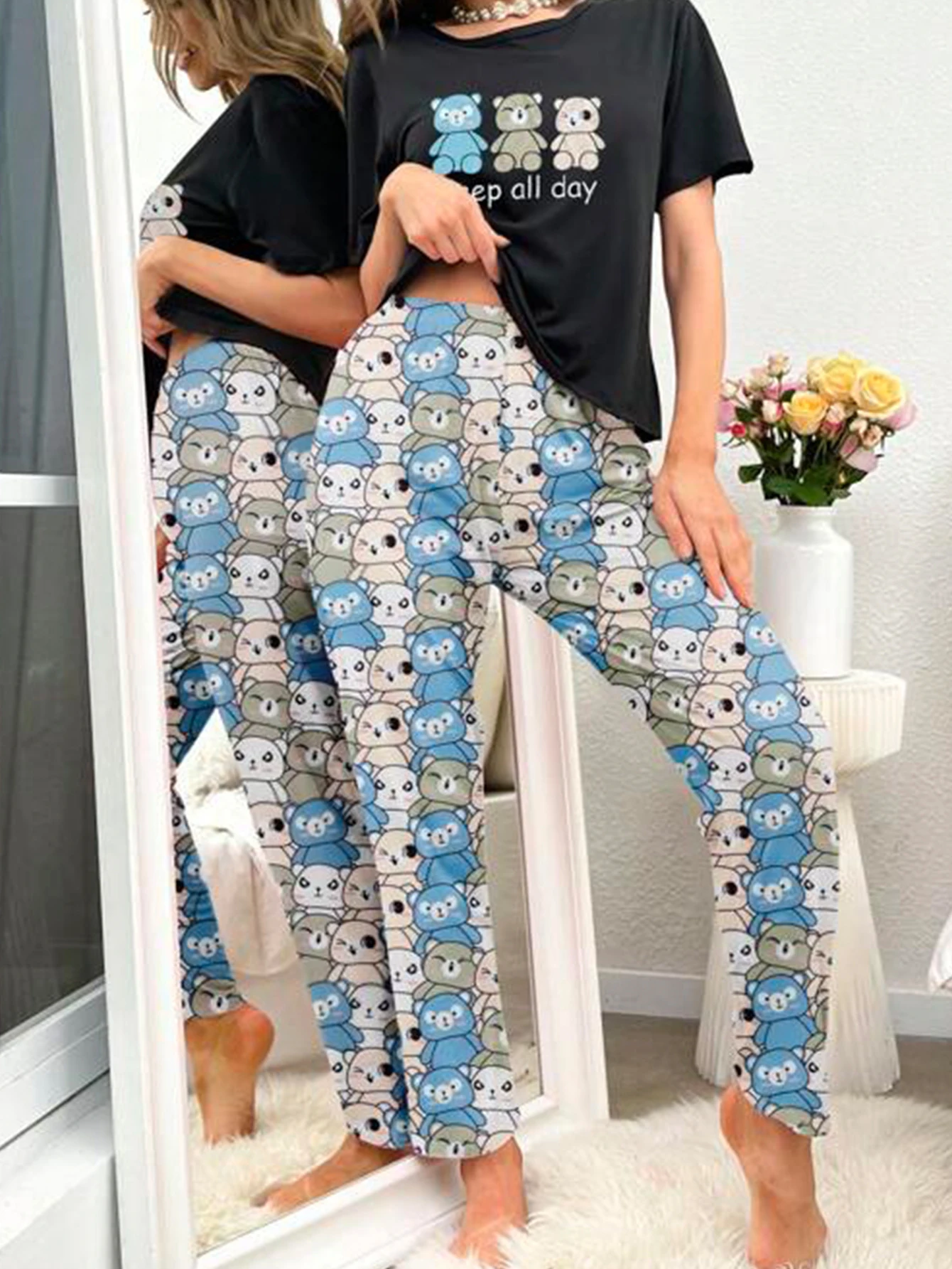 Cartoon Bear Slogan Print Women Pajamas Set Round Neck Short Sleeve Top Elastic Pants Ladies Sleepwear Loungewear Set