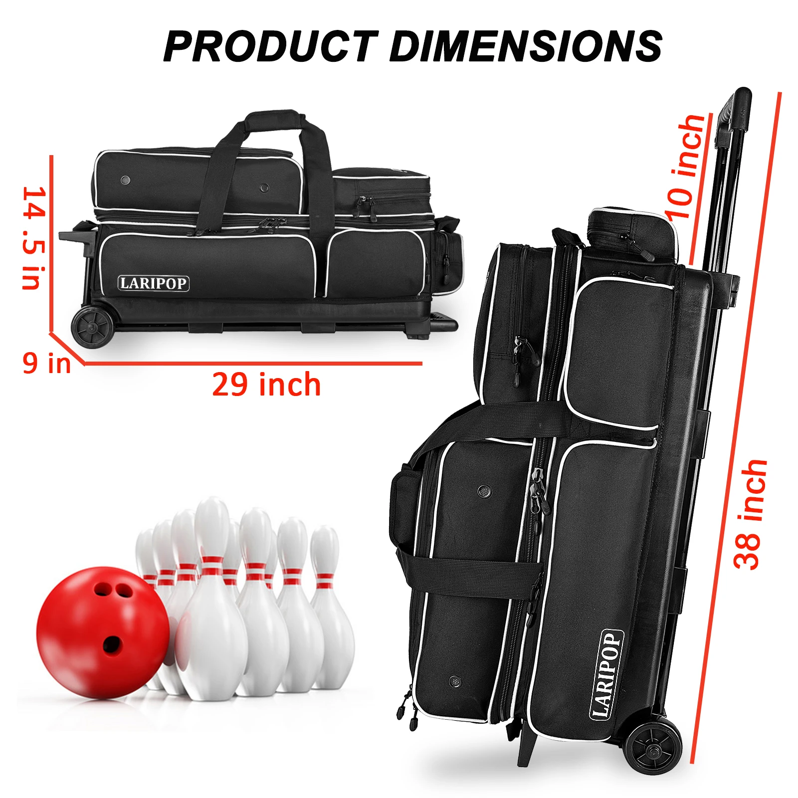 3 Bowling Ball Bag With Wheels - Rolling Bag for Balls & Accessories - Retractable Handle Extends to 38