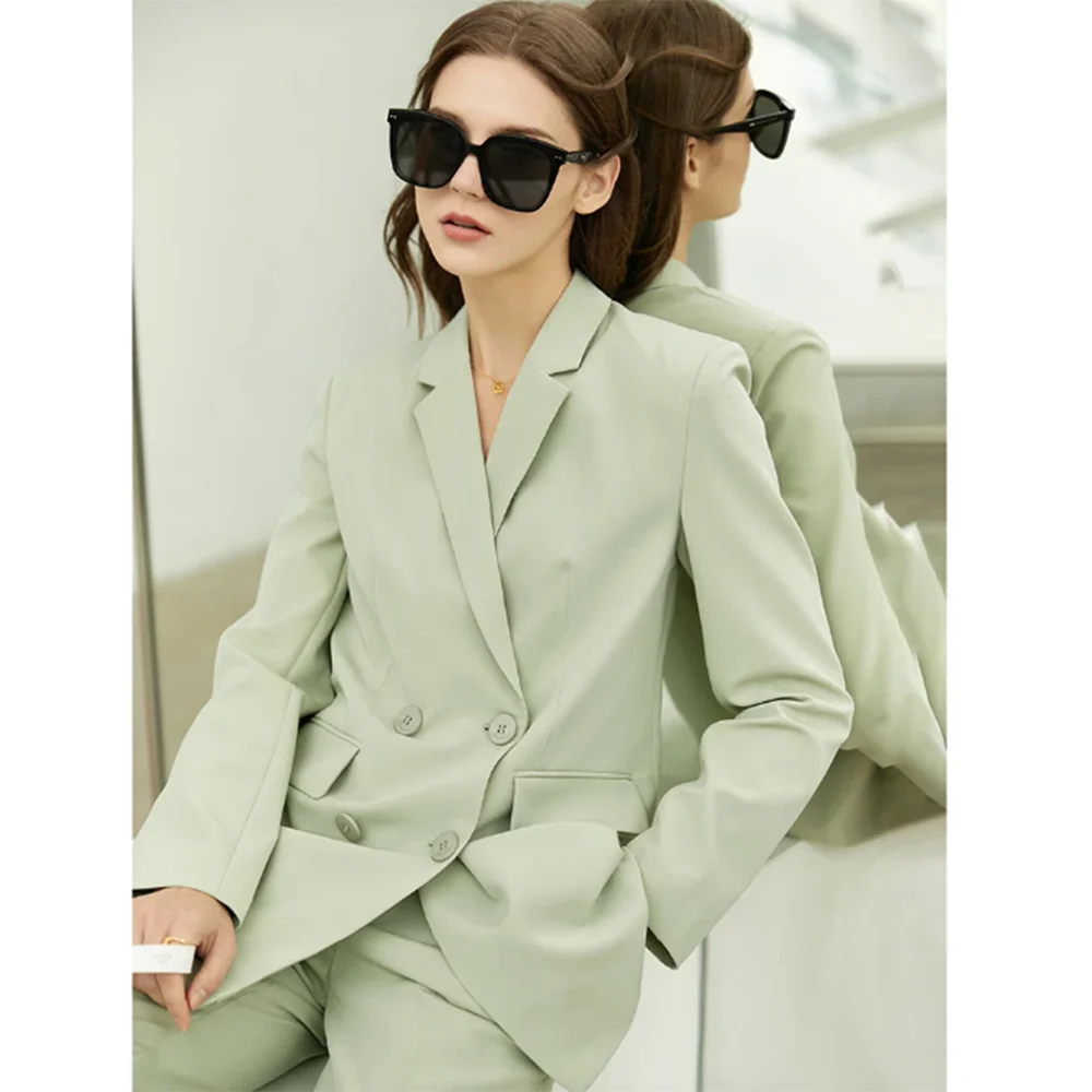 Elegant Women's Suit Notch Lapel Double Breasted 2 Piece Jacket Pants Female Clothing Slim Fit Formal Office Lady Blazer Set