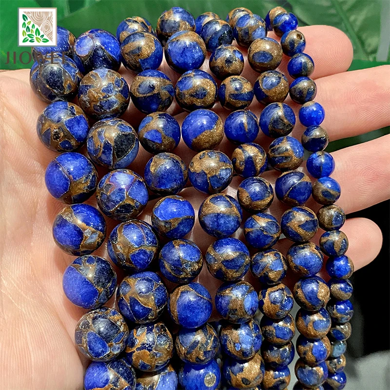 Natural Stone Beads Dark Blue Golden Lace Cloisonne Round Beads for Jewelry Making Diy Handmade Bracelet 15