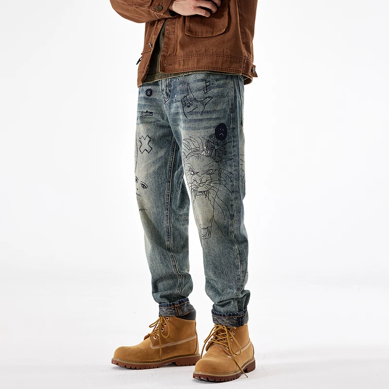 Men's printed graffiti personalized loose straight retro vintage high quality pants for men streetwear men denim baggy jeans