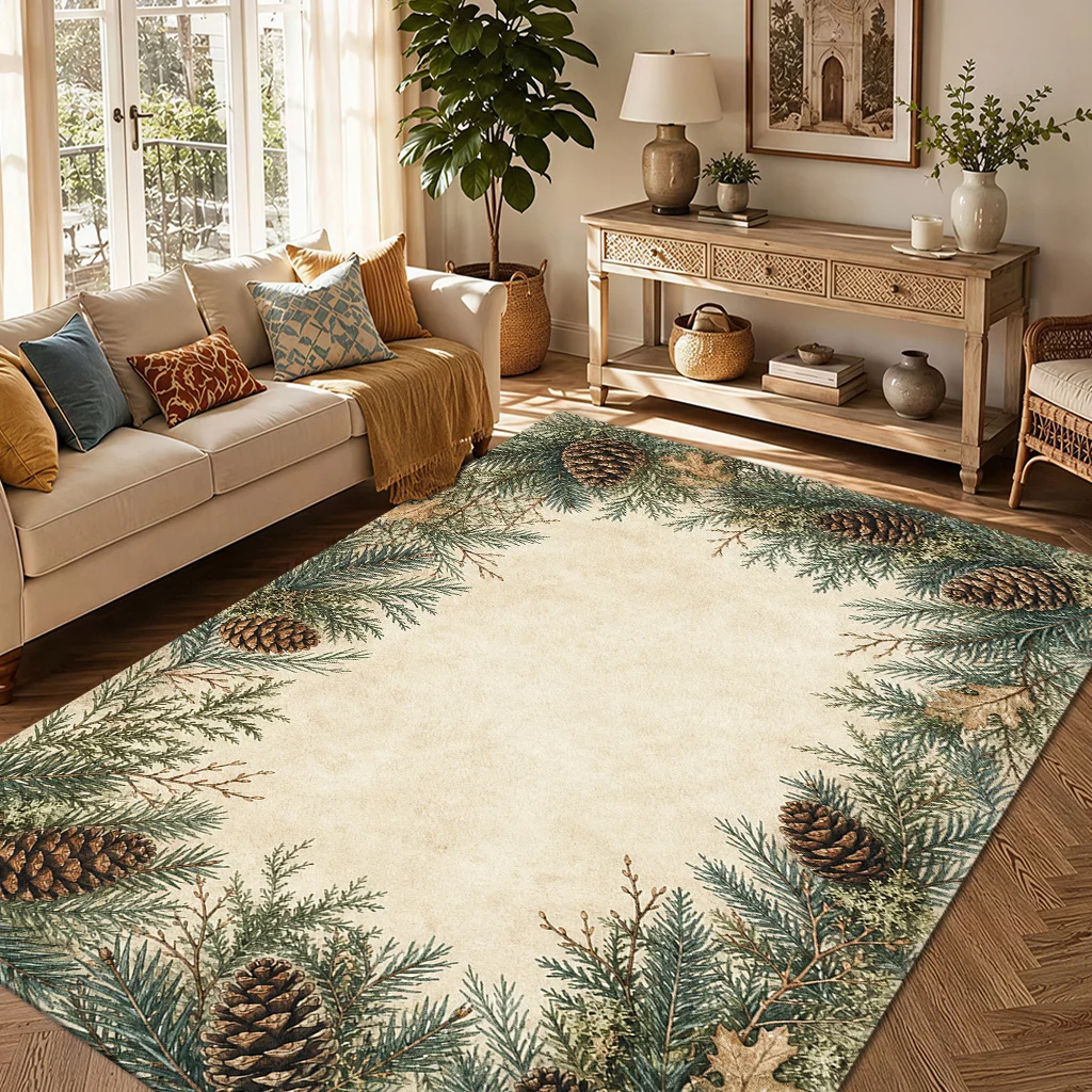 1pc Vintage Pine Needle & Pinecone Border Large Rug, Light Soft Machine Washable, for Living Room, Bedroom, Entryway