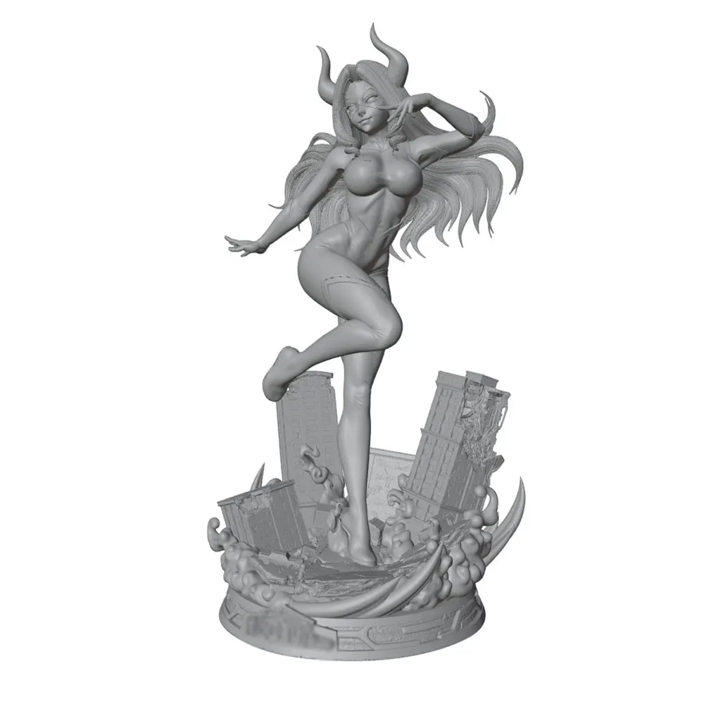 1/24/6 Miniature Resin Model Kit. Charming Female Warrior Model with Two Horns, GK mini 3D Printed Gray doll Statue, Not Colored