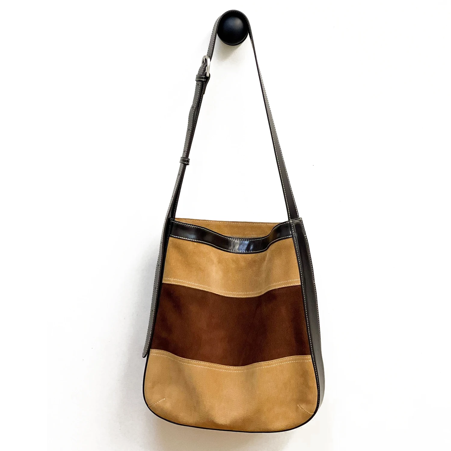 

Suede splicing contrast color tote bag 2025 new design frosted cowhide vintage large capacity women's one-shoulder crossbody bag