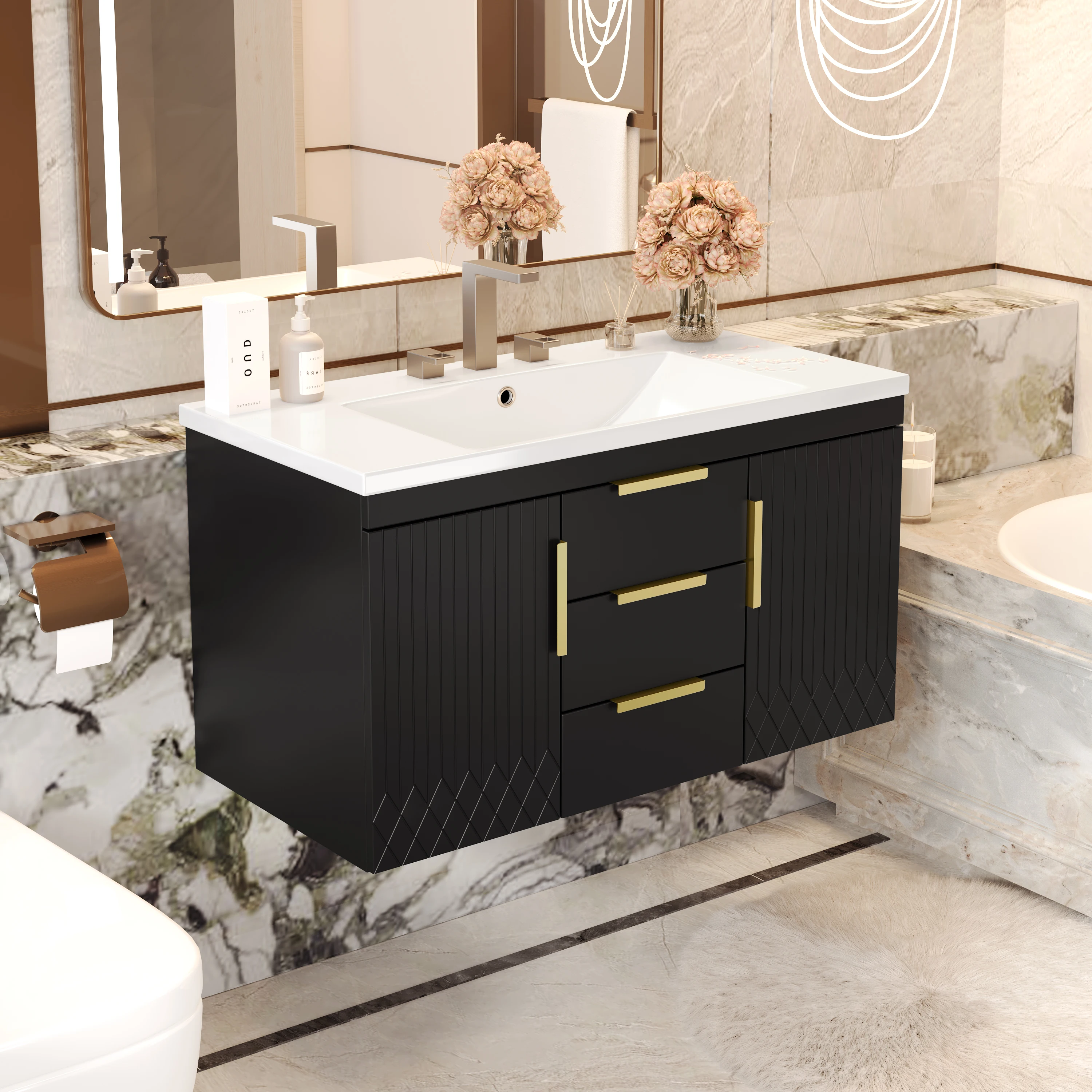 36'' Wall Mounted Bathroom Vanity without Sink, Floating Bathroom Storage Cabinet with 2 Drawers, Solid Wood Bathroom Cabinet