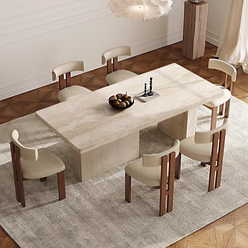 Travertine rock slab dining table and chair combination, household French retro bottom hanging rectangular dining table