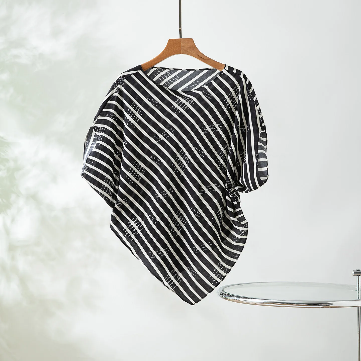 Winsleter-100%Real Silk Double Crepe Elegant T-Shirt, Short Sleeve Striped, Women Irregular Loose Thin Top, 2026 Summer T66001CC
