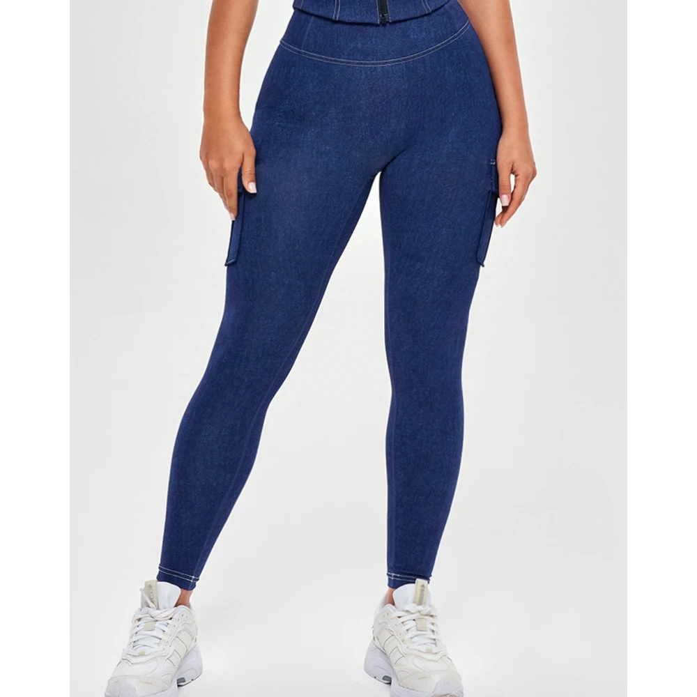 سراويل يوجا نسائية عالية الخصر للتحكم في البطن ورفع المؤخرة من قماش الدنيم سراويل يوجا قابلة للتمدد مع جيوب قلابة سراويل نحيفة نشطة