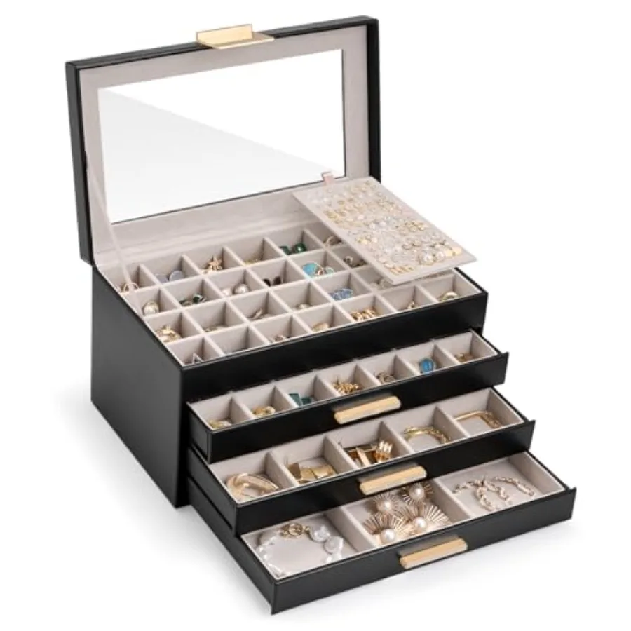Earring Storage Box Case with Glass Top, Large Earring Jewelry Holder Organizer Display with Drawer and Grid, Mothers Day Gifts