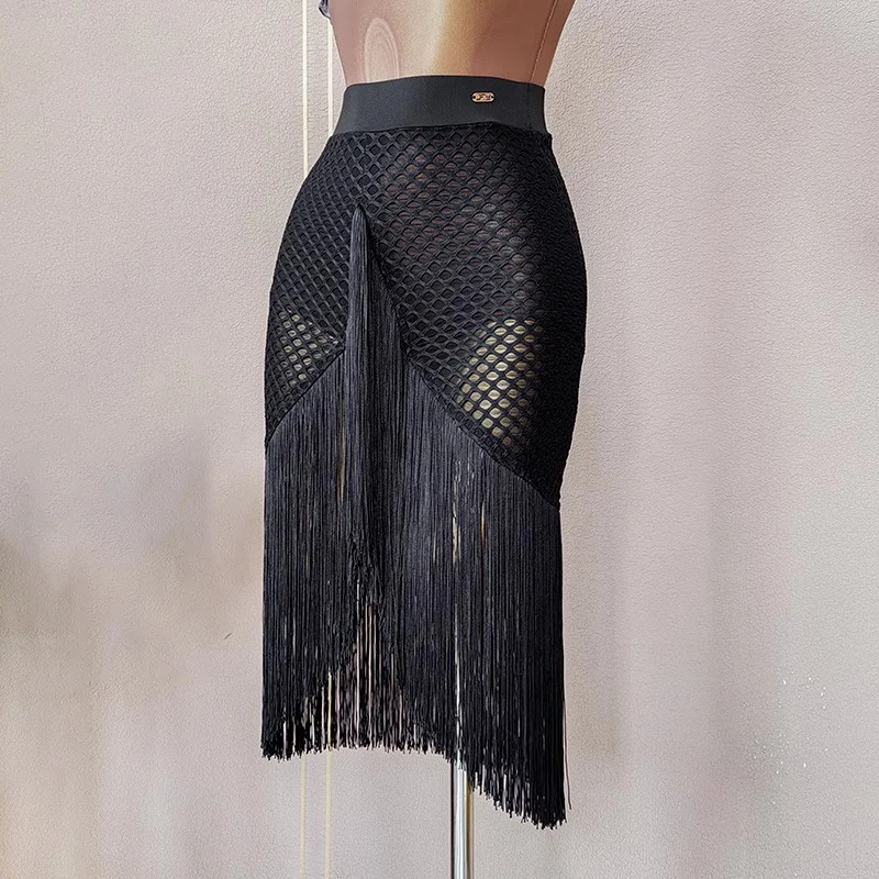 

2025 New Latin Dance Skirt Fringe Latin Dance Costume Women Performance Lace Mesh Salsa Rumba Dancewear Clothes