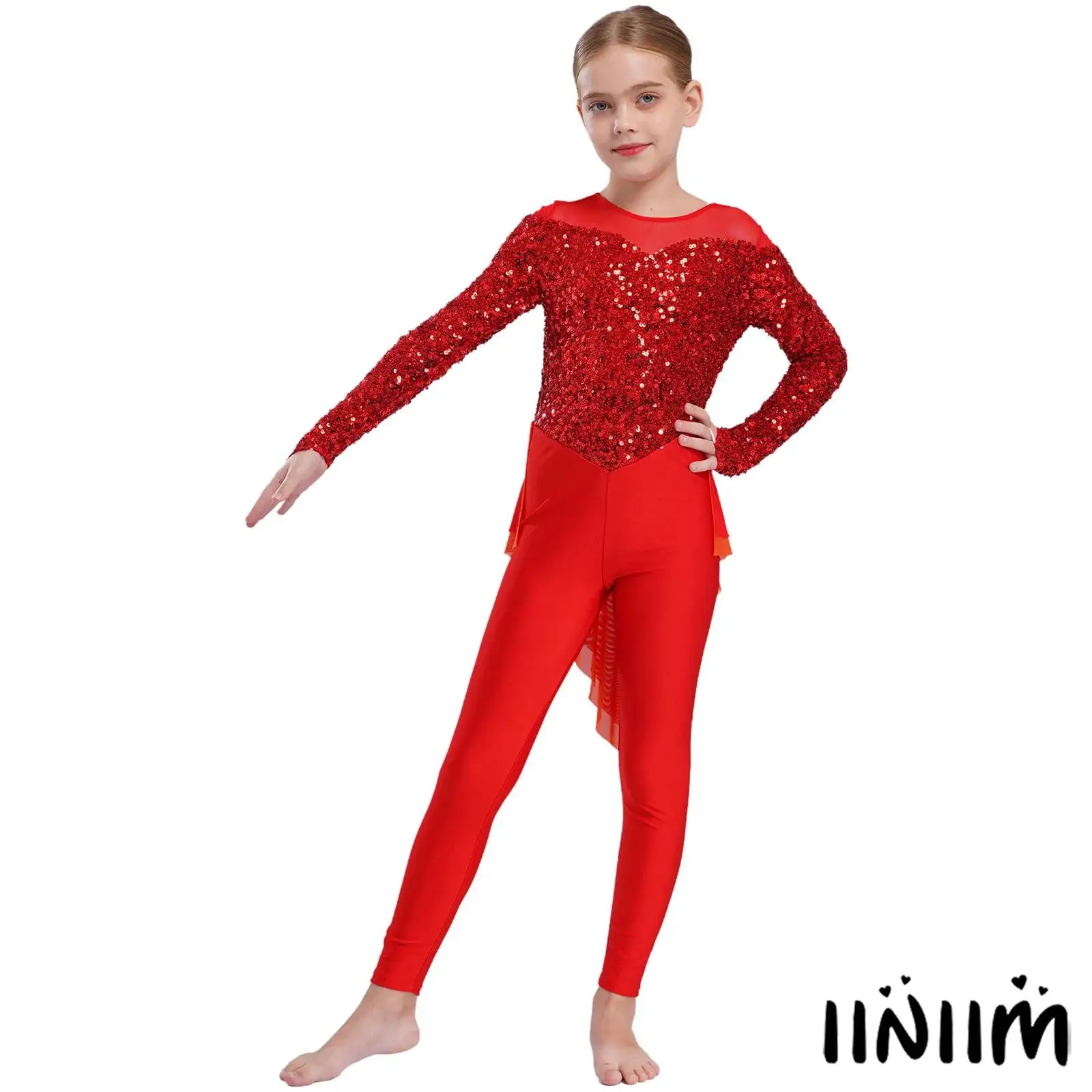 بدلة رقص الجاز للأطفال البنات مزينة بالترتر وأكمام طويلة بطول الكاحل بدلة يوتار متجنبة للجمباز والتزلج على الجليد ملابس الرقص