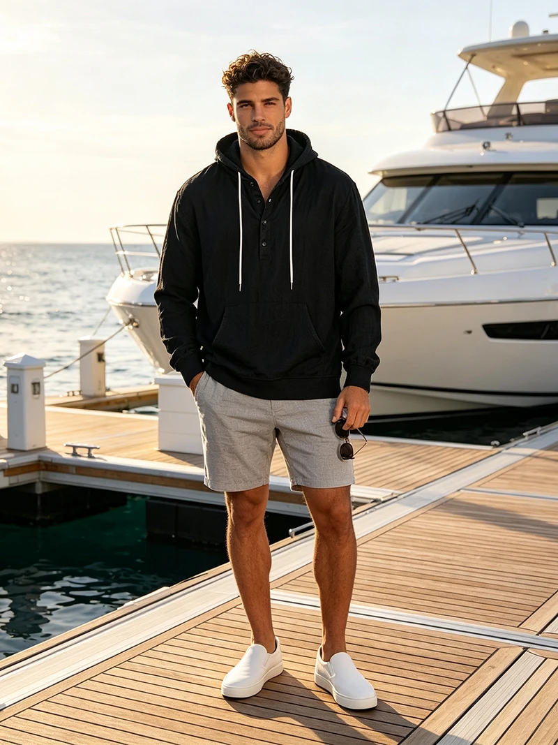 Herren Leinen-Pullover-Hemd Frühling Herbst Lässiges Kapuzen-Oberteil Locker Geschnittenes Langarm-Textilhemd Leichte Freizeitkleidung für Männer – Detail 14