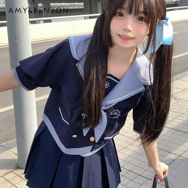 2024 New Japanese Original JK Sailor Outfits Summer and Autumn Blue Long Short Sleeve Top Pleated Skirt Shawl Soft Suit For Girl