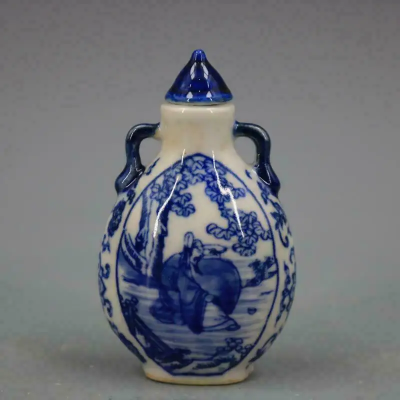 Chinese Blue and White Porcelain Qing Kangxi Li Bai Design Snuff Bottle mini bottle