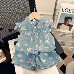 새로운 여름 아기 소녀 옷 세트 패션 데님 꽃 조끼 탑 + 반바지 2pcs 정장 어린이 옷 어린이 Tracksuit 복장 세트