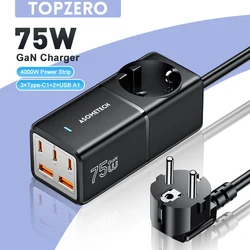 75W GaN 고속 충전 스테이션 QC4.0 3.0 PD3.0 iPhone 14 삼성 노트북 용 다중 USB C 데스크탑 충전기 전원 스트립 어댑터