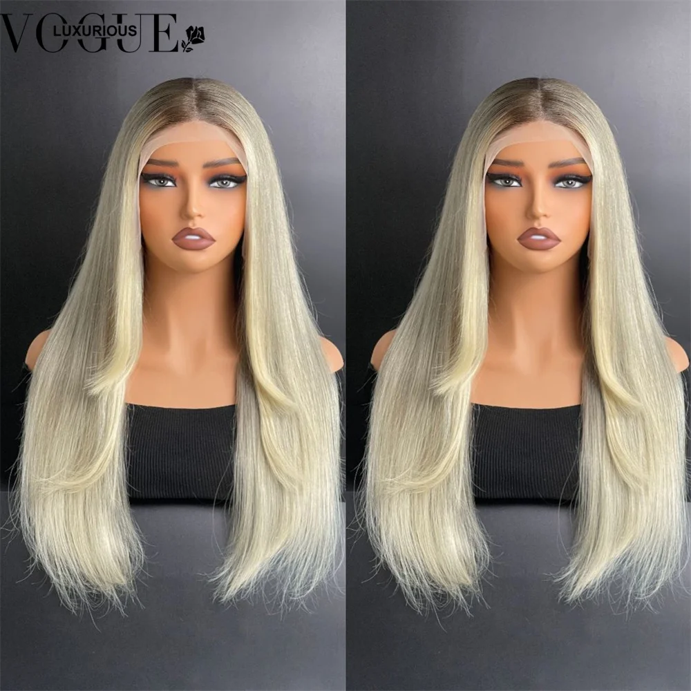 Balayage Layered Ash Blonde 13x6 Lace Front Wigs Human Hair Ombre Hightlight Straight Remy Human Hair Wig Pre Plucked Bye Knots