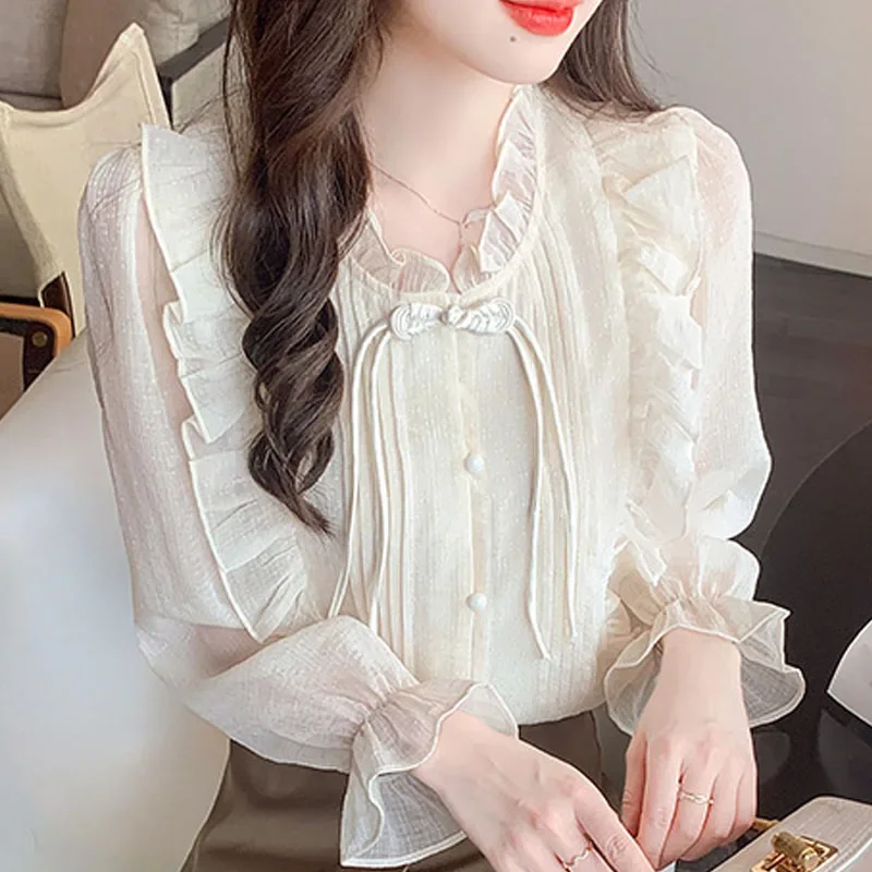 New Fashion Long Sleeve Stand Collar Women Shirt Blouse Tops Blusas Mujer De Moda 2024 Ruffles Chiffon Blouse Women Shirts H552