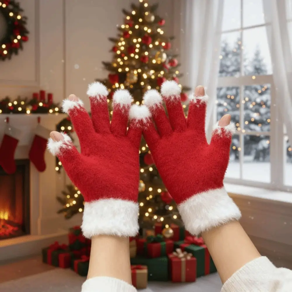 Red Green Christmas Gloves Cuff Elastic Wrist Winter Knit Mittens Knitted Woolen Thick Lining Touchscreen Full Finger Toddler