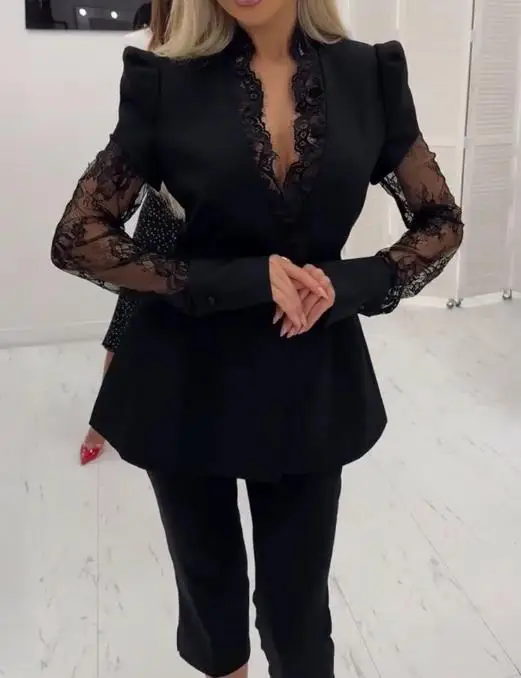 Damen-Anzugmantel, Pendler-Wimpern-Spitzenbesatz, tiefer V-Ausschnitt, Puffärmel, einreihiger Mantel, Spitze, gespleißte Taille, A-Linie, Blazer-Mantel