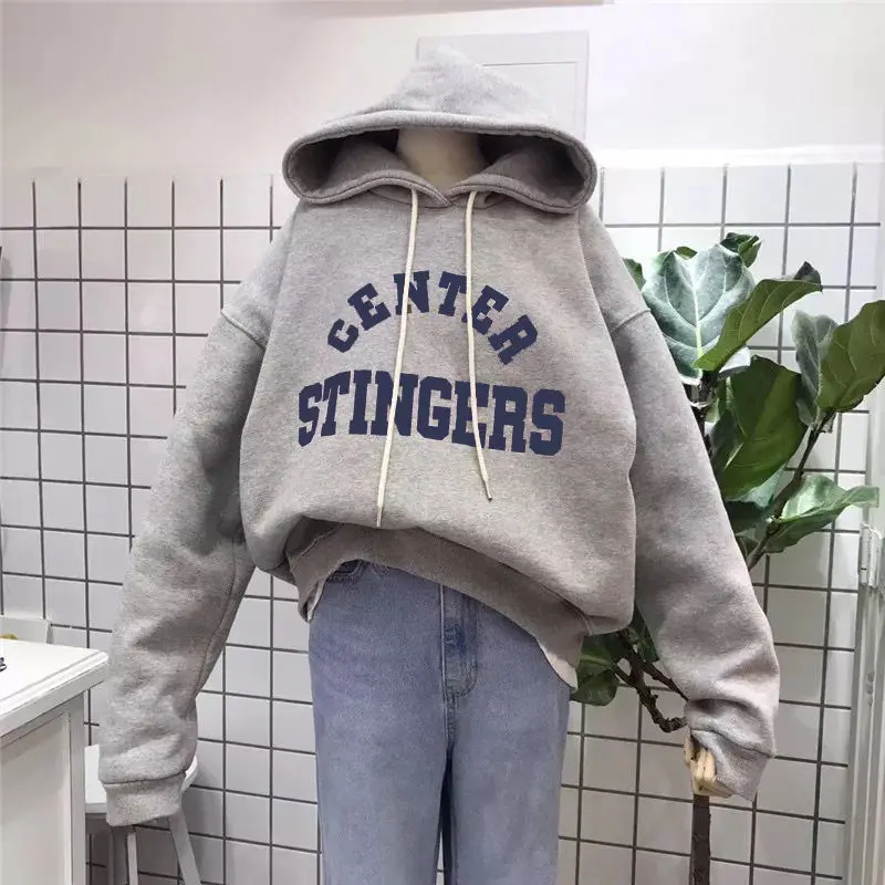 2026 New Large Size Korean Letter Sweatshirt For Women, Fleece-Lined, Thickened, Loose-Fit Coat, Autumn And Winter European