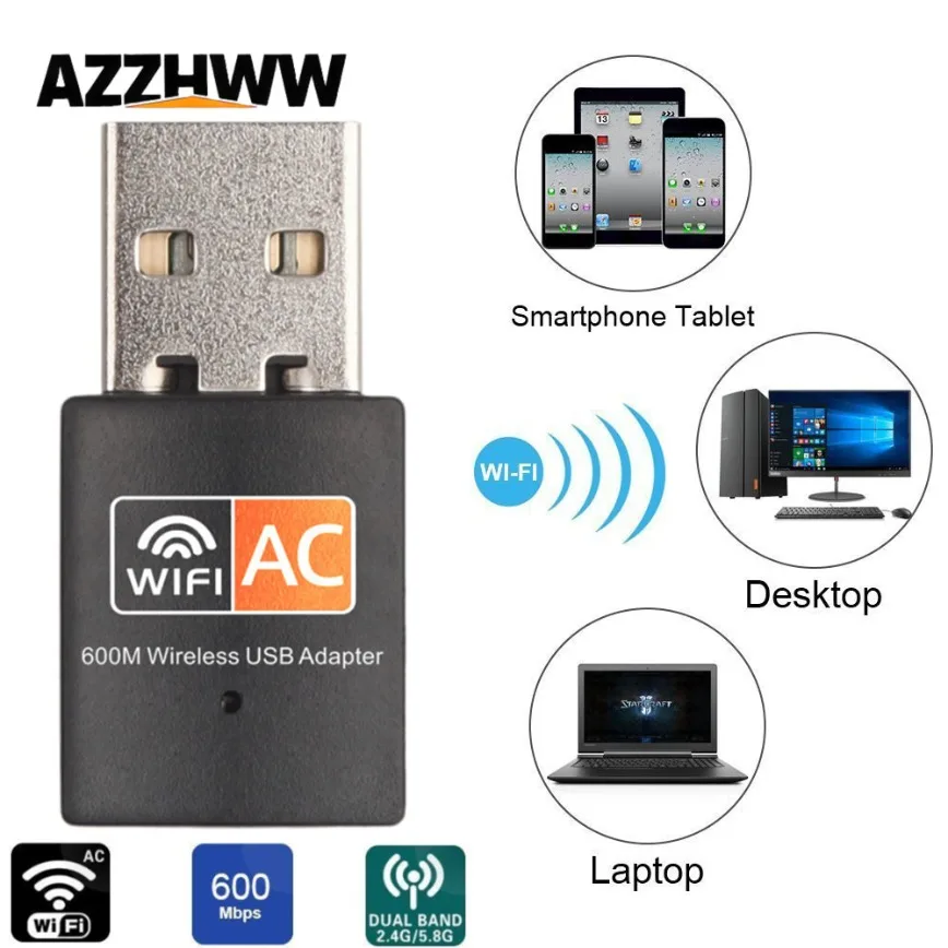 USB-адаптер Wi-Fi AC600 Мбит/с USB WiFi-ключ 802.11AC Беспроводной сетевой адаптер с двухдиапазонным экраном 2,4 ГГц/5 ГГц для ПК, настольного ноутбука