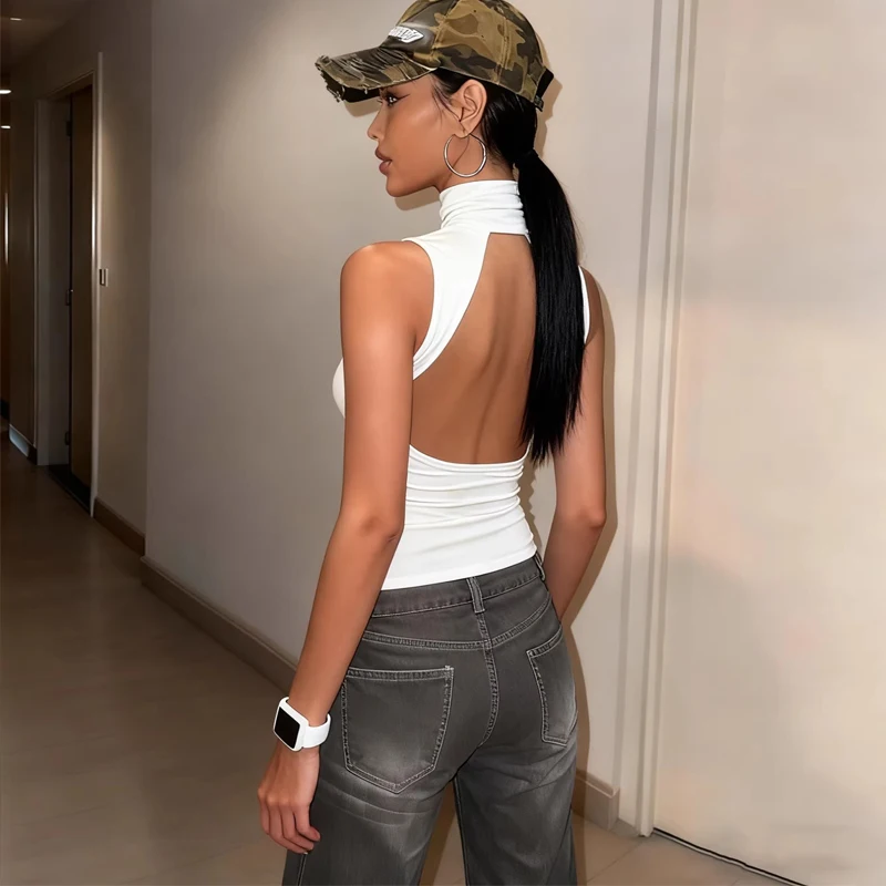 Women's High Neck Backless Fitted Tank Top Turtleneck Open Back Sleeveless Cami Top