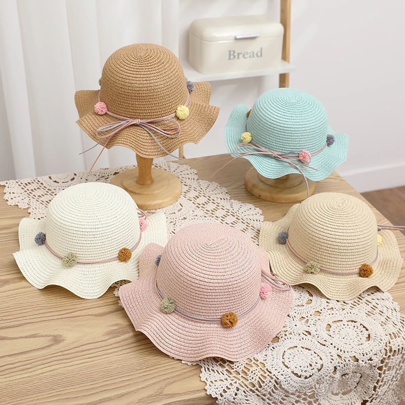 Kids Girls Large Wide Brim Straw Woven Sunshade Beach Hat Colorful Pompom Ball Summer Floppy Sun Cap Handbag for Girls Baby