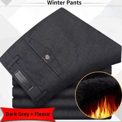 Winter Warm Fleece Casual Pants Men Straight Formal Long Trouser Adult Solid Color Flat Design Thick Suit Pant Business YYQWSJ