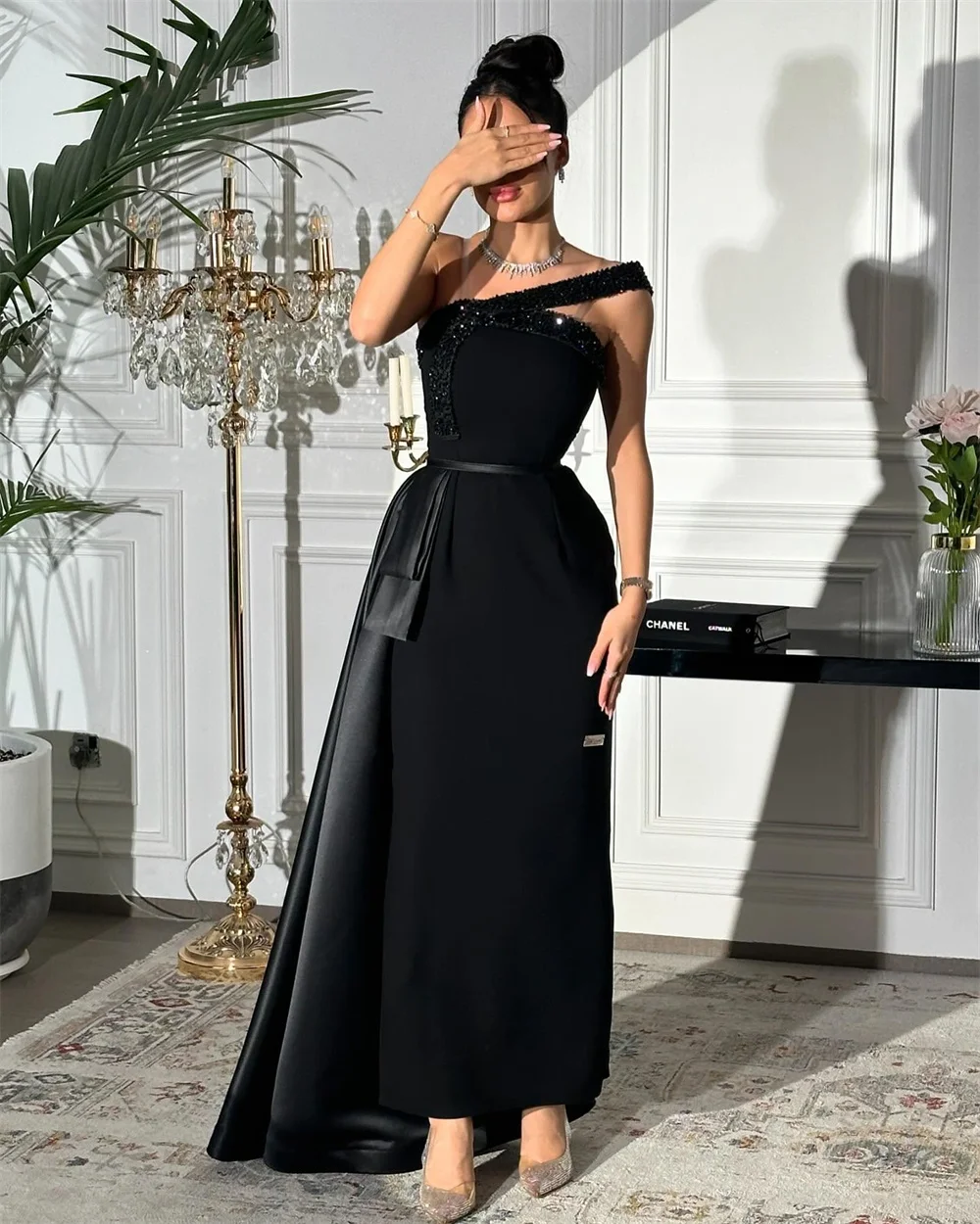 

ROYET One Shoulder Crystals Luxury Mermaid Evening Dress Sleeveless Ankle Length Sweep Train Elegant Prom Gown Customized New