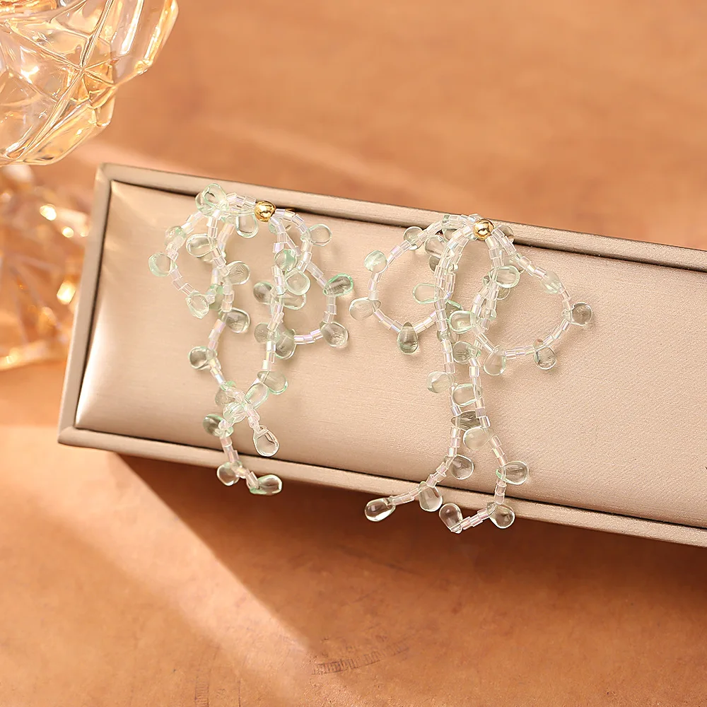 

Mint Green Fairy Crystal Bow Earrings Forest Style Small Fresh Holiday Style Earrings Silver Needle Temperament Earrings