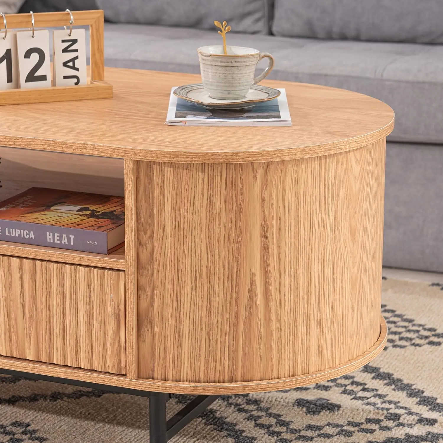 Modern Fluted Coffee Table, 43.3'' Modern Oval Coffee Table With Drawer, Curved Wooden Coffee Table With Black Metal Legs For