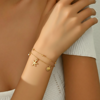 Stainless Steel Starfish Shell Zirconia Pendant Beaded Chain Double-Layer Bracelet Women's Fashionable Luxury Wrist Jewelry Gift