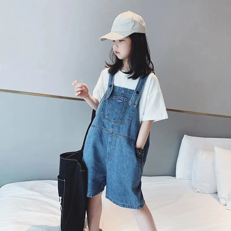 Retro Style Five-point Denim Overalls Shorts Summer Thin Children's Wide-leg Shorts Simple Girls' One-piece Overalls Shorts