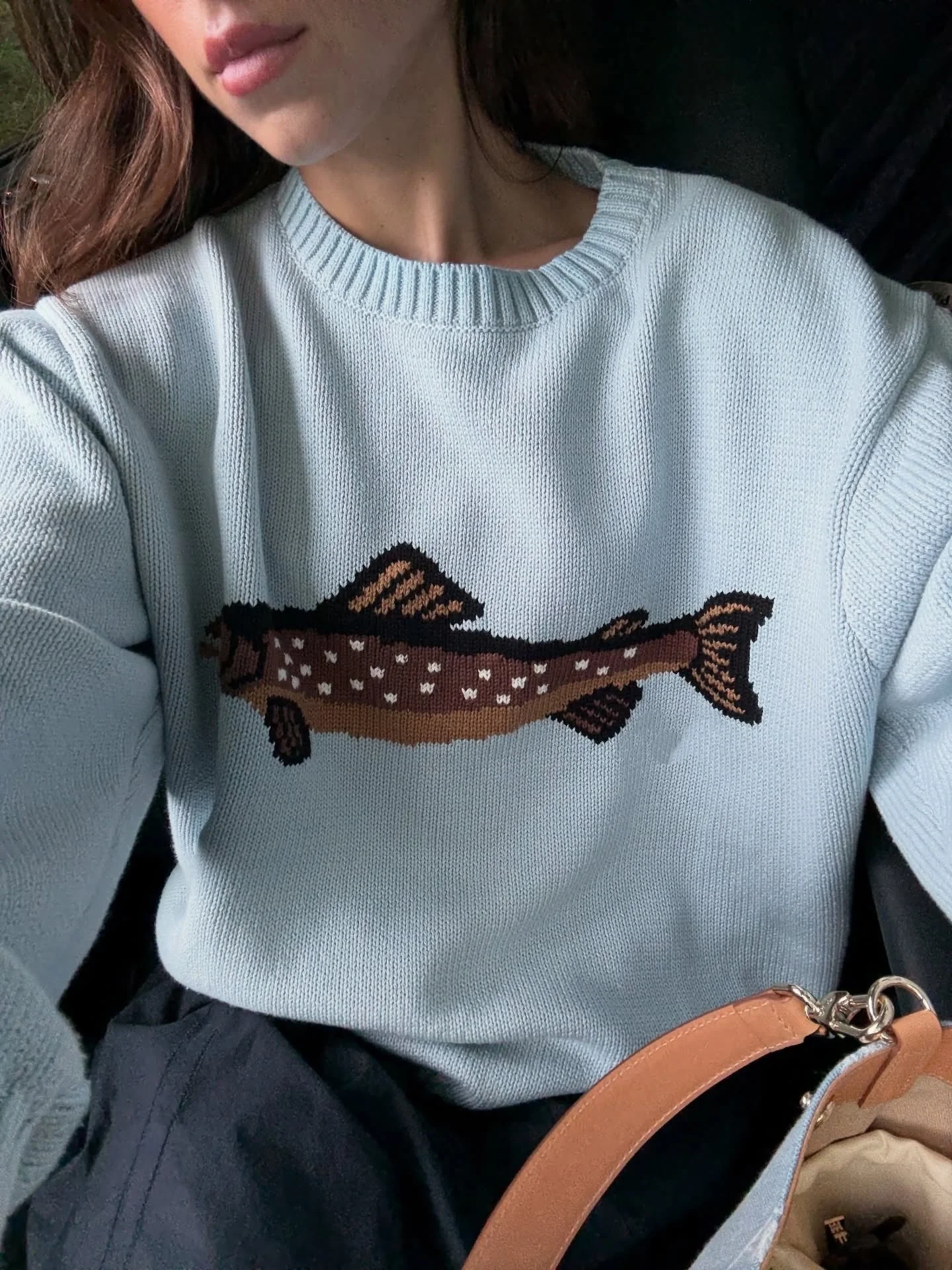 

Women Fish Pattern Jacquard Sweater Autumn Winter Round Neck Long Sleeve Casual 100% Cotton Knitted Pullover