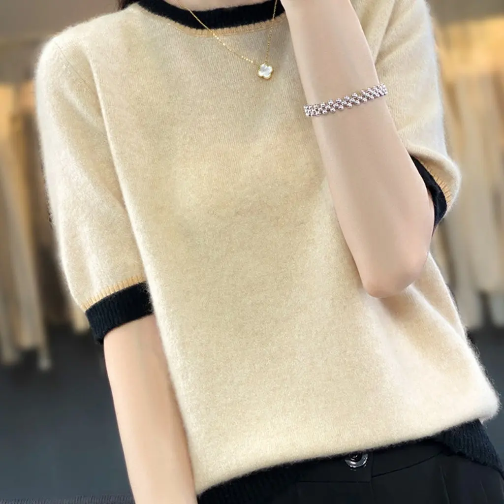 

Женская лоскутная трикотажная рубашка в корейском стиле с короткими рукавами и круглым вырезом, осенняя повседневная свободная универсальная шерстяная рубашка