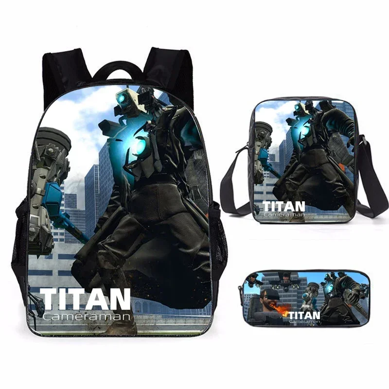 Set tas sekolah Toilet Skibidi, ransel kasual untuk anak laki-laki dan anak-anak, motif kamera Titan, 3 buah