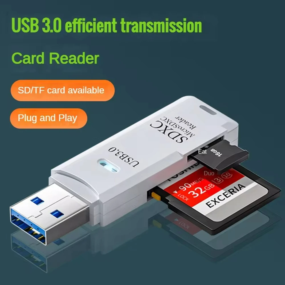 

Multi Functional 2-in-1 High-speed USB 3.0/2.0 Card Reader Supports TF+SD Computer Tablet Camera, Laptop, Car Mounted