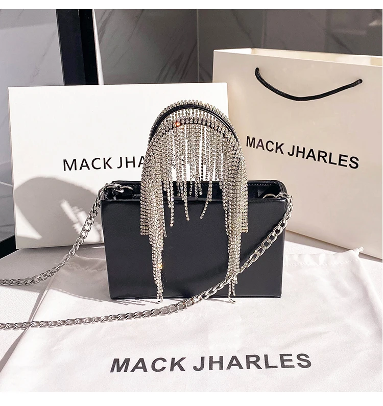 Luxury Rhinestone Tassel Evening Clutch Bag Black Purse Women's Square Handbag Crystal Shiny Diamond Shoulder Messenger Bag