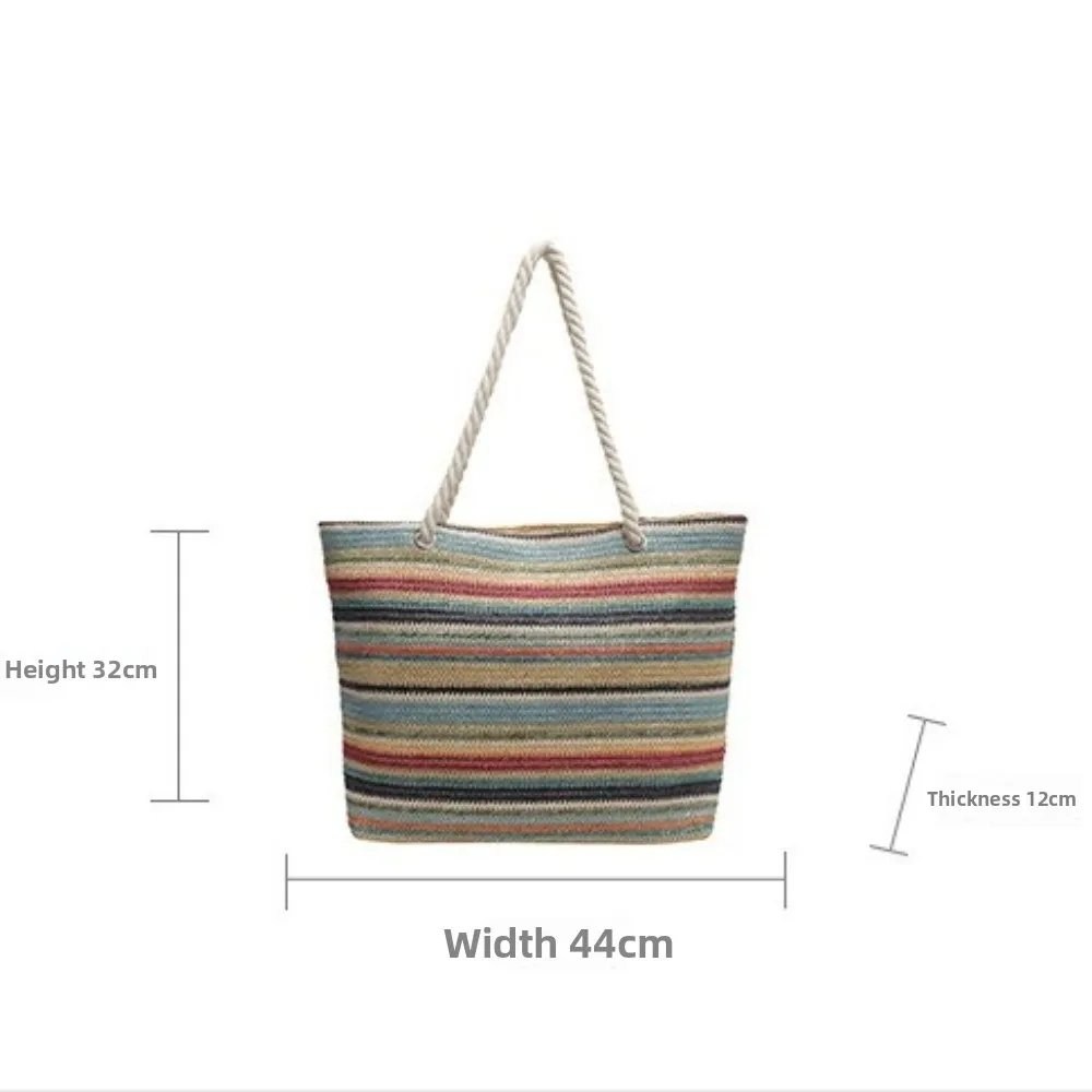 New Large Capacity Straw Bag Striped Rainbow Woven Casual Handbag Portable Underarm Bag Seaside Vacation view 6
